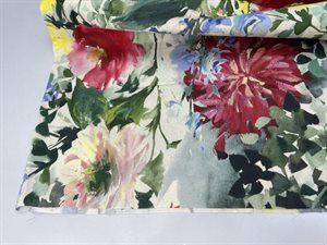 Bomuldssatin - akvarel malede blomster i dejlige toner